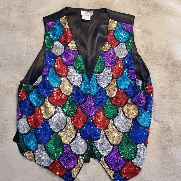 Vintage Venezia Sequins Multi Colored Bling Beaded Vest Rainbow Colors Dopamine - Picture 3 of 12